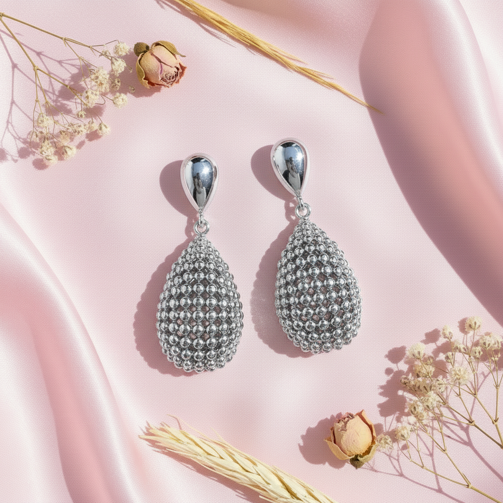 Silver droplet earrings flat lay