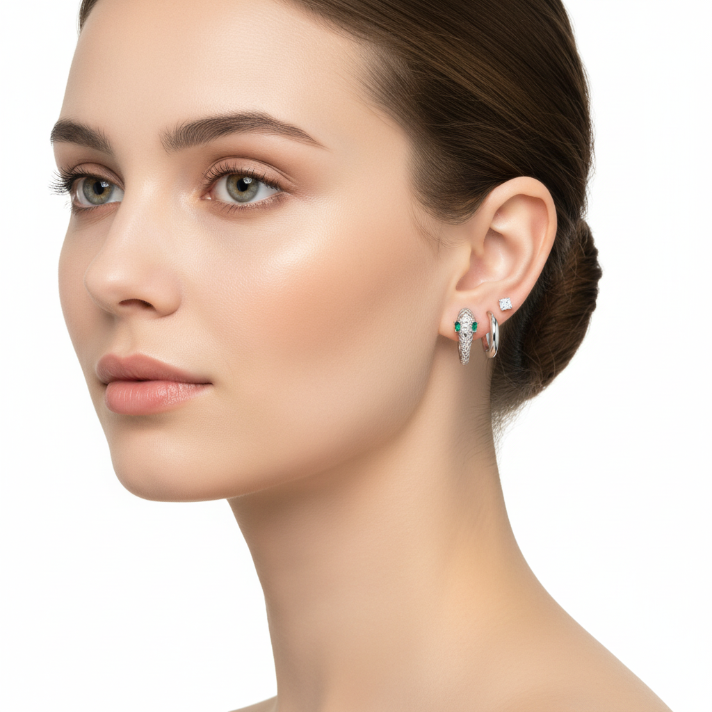 Silver earring trio on model with mixed styling