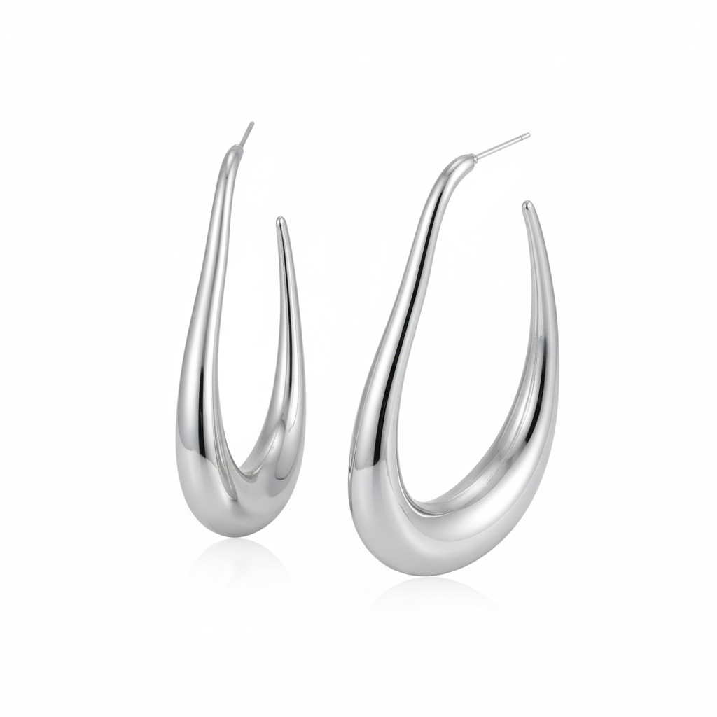 Silver Elongated Teardrop Hoop Earrings - White Background
