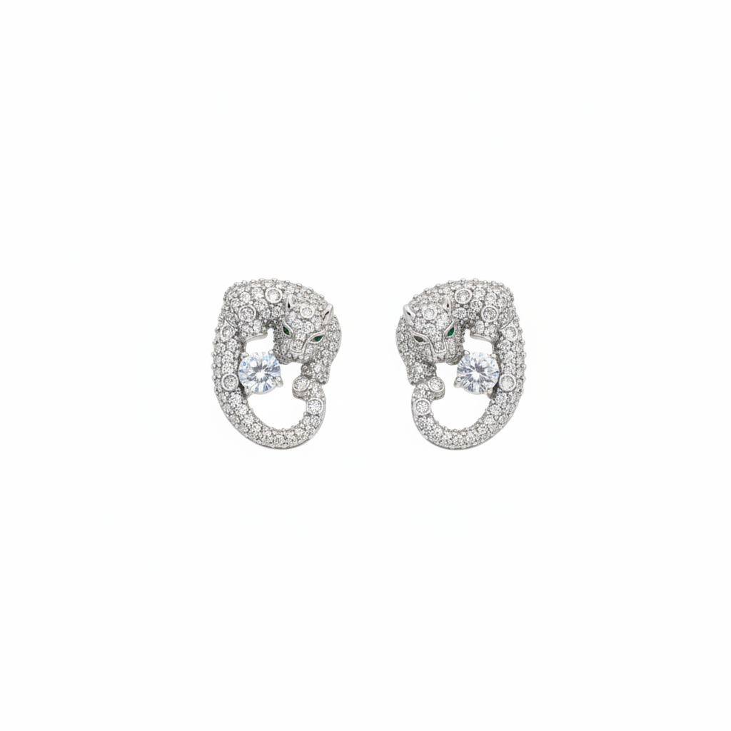 Silver Leopard Panther Earrings - Pure White Background