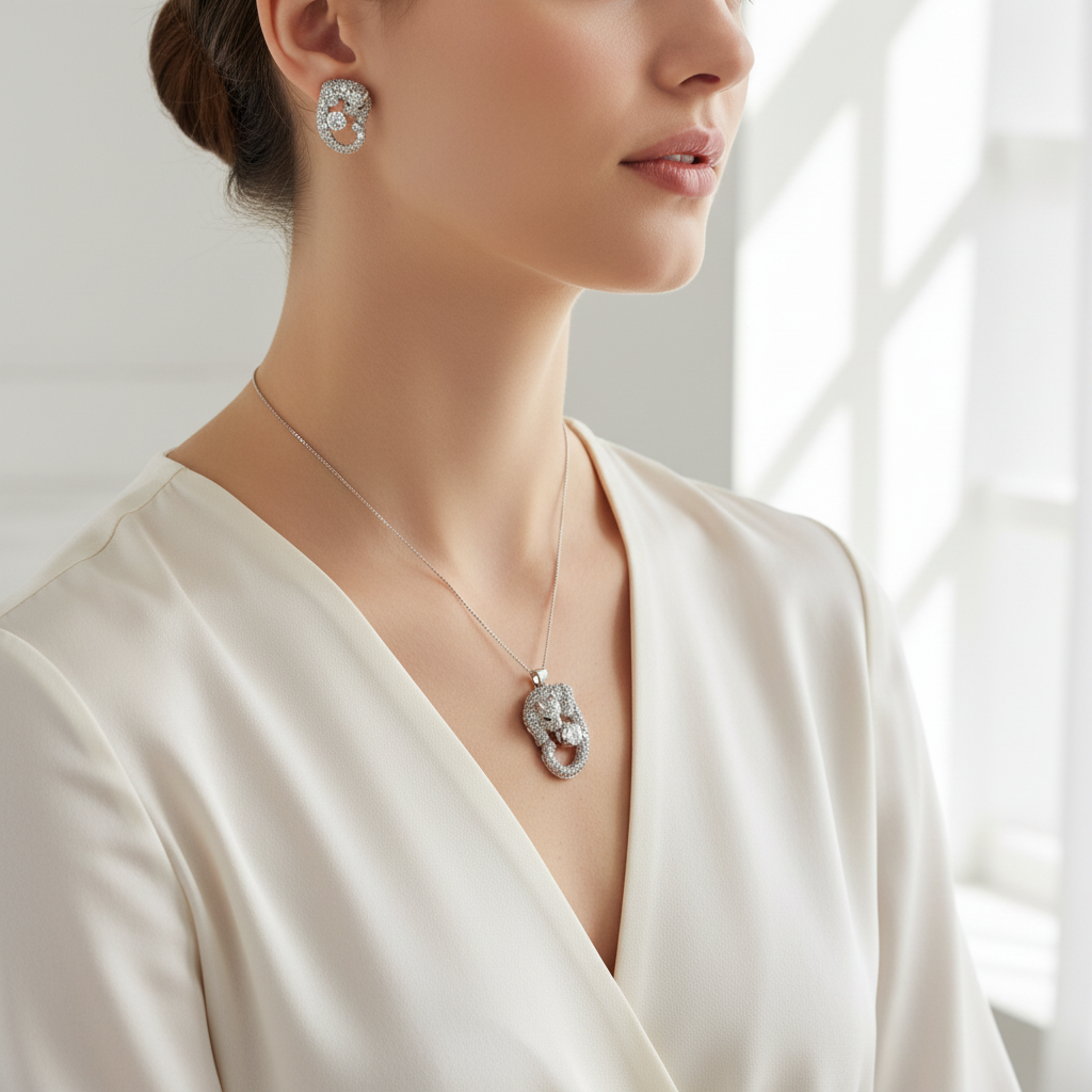Silver Leopard Panther Jewelry Set Lifestyle Shot