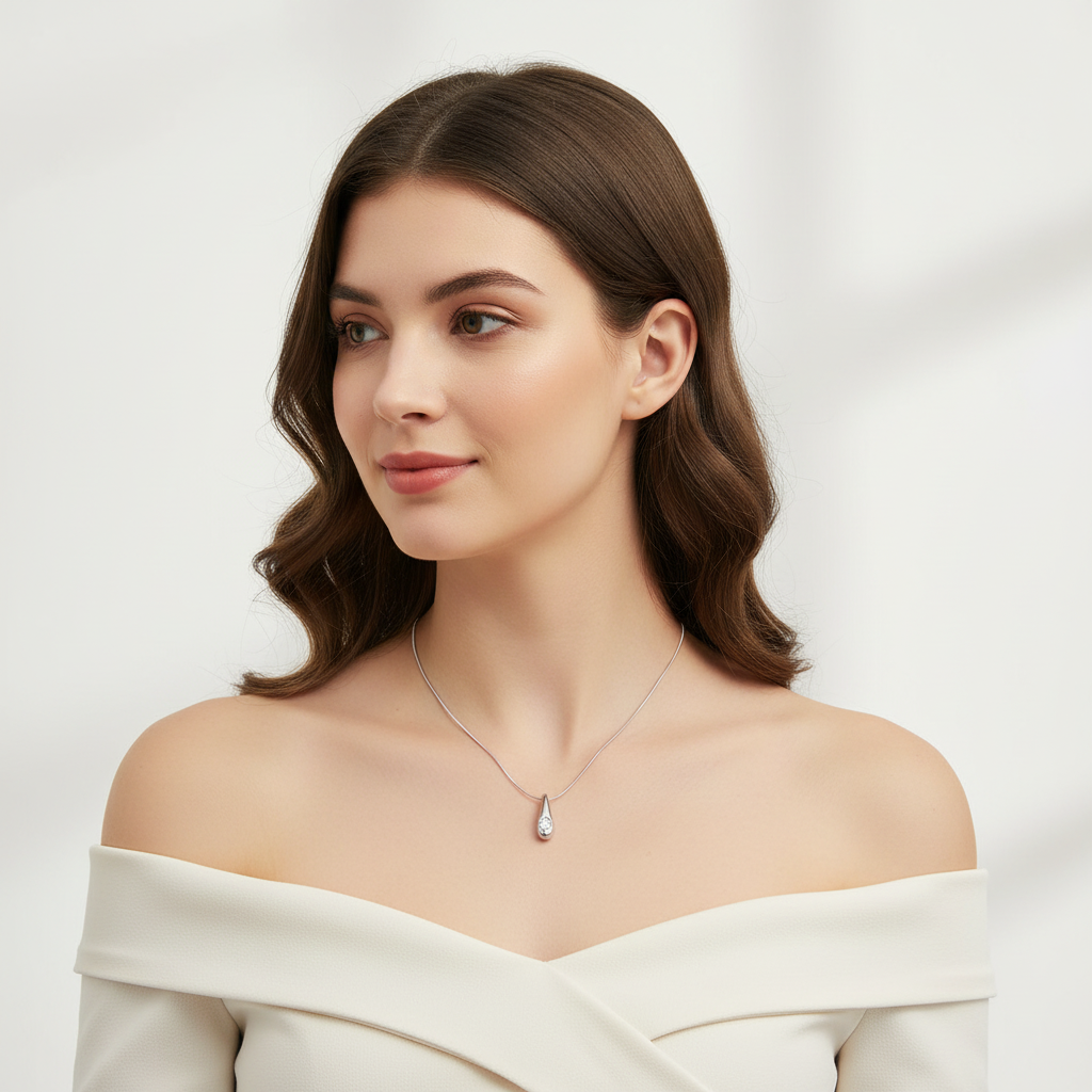 Silver necklace on model - modern and elegant