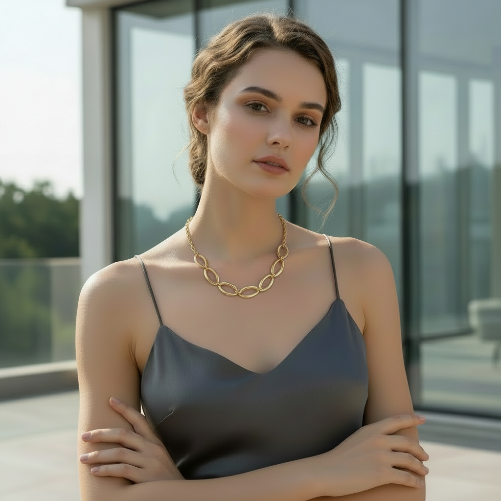 Silver oval link necklace and bracelet set on model