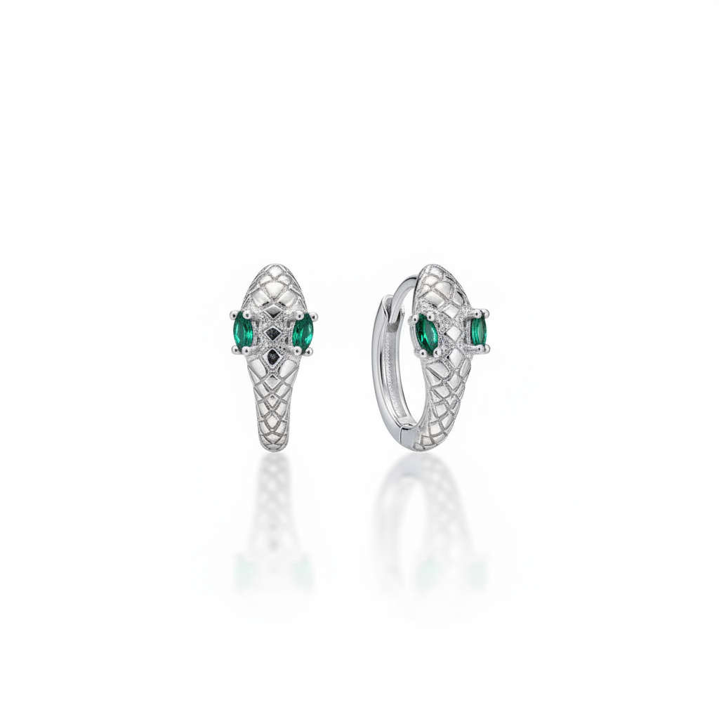 Silver snake earrings with emerald stones