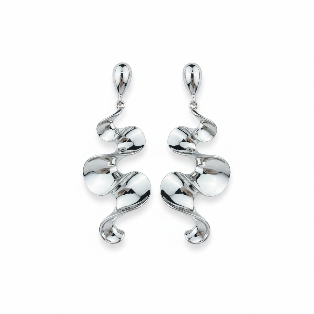 Silver spiral earrings on white background