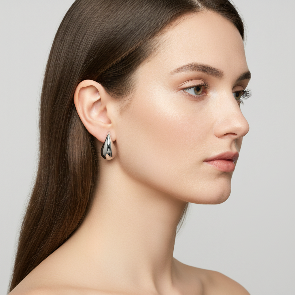Silver teardrop earrings on model - smaller size