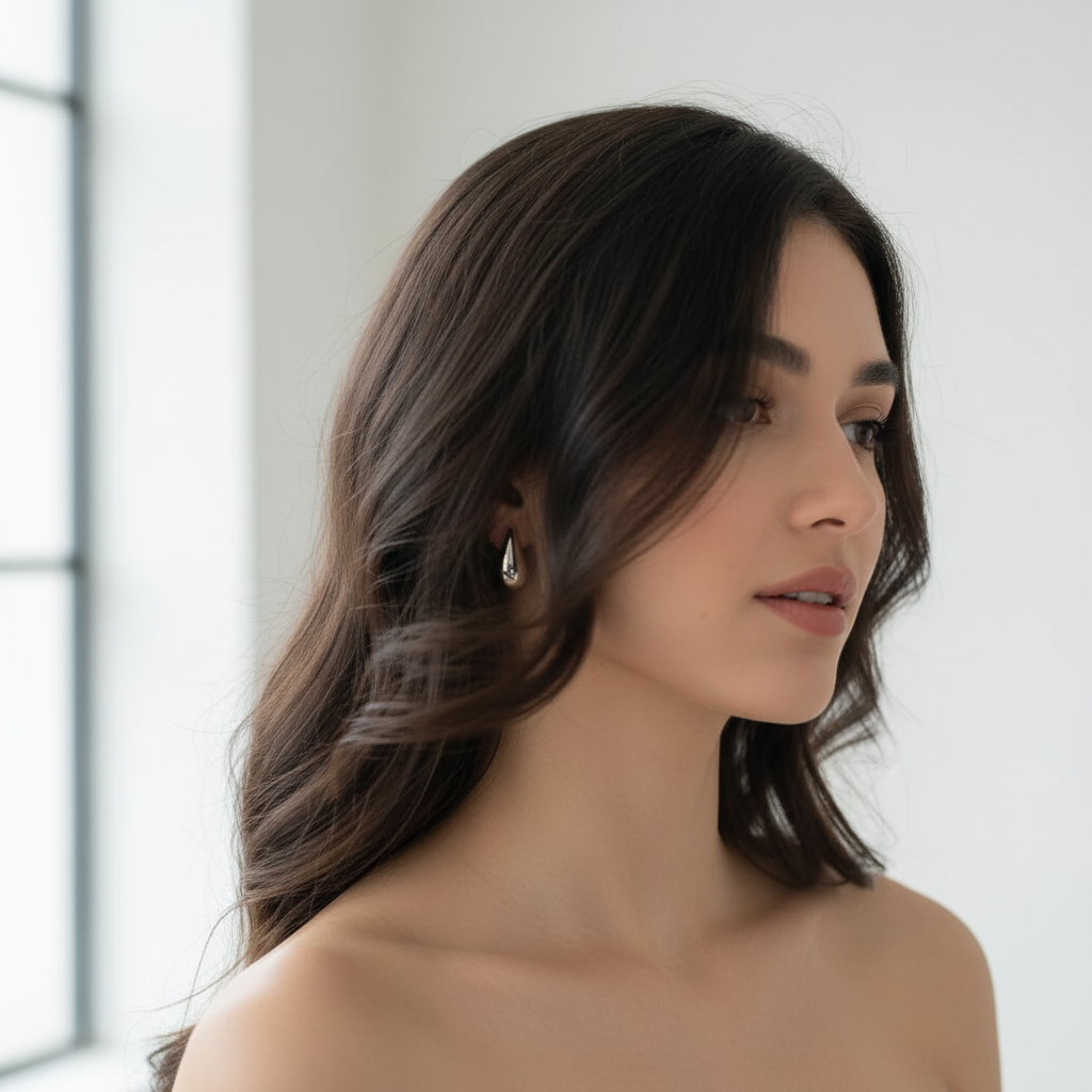 Small Silver Teardrop Earrings Lifestyle Shot