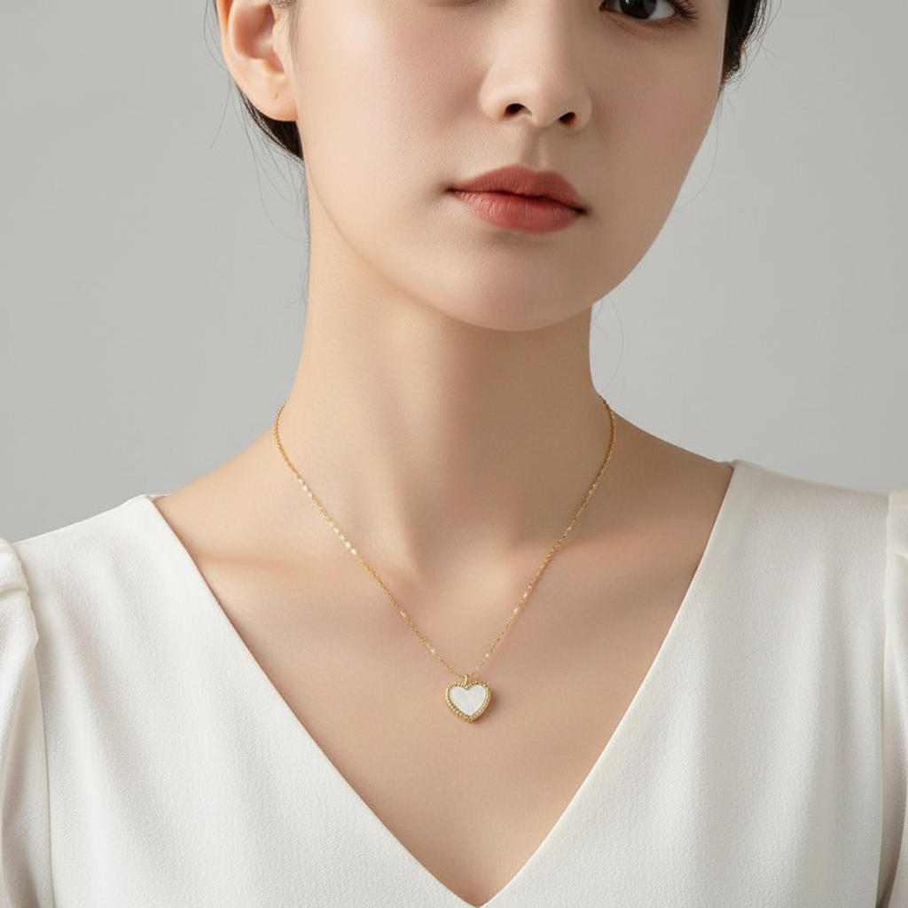 Square format model wearing gold heart necklace