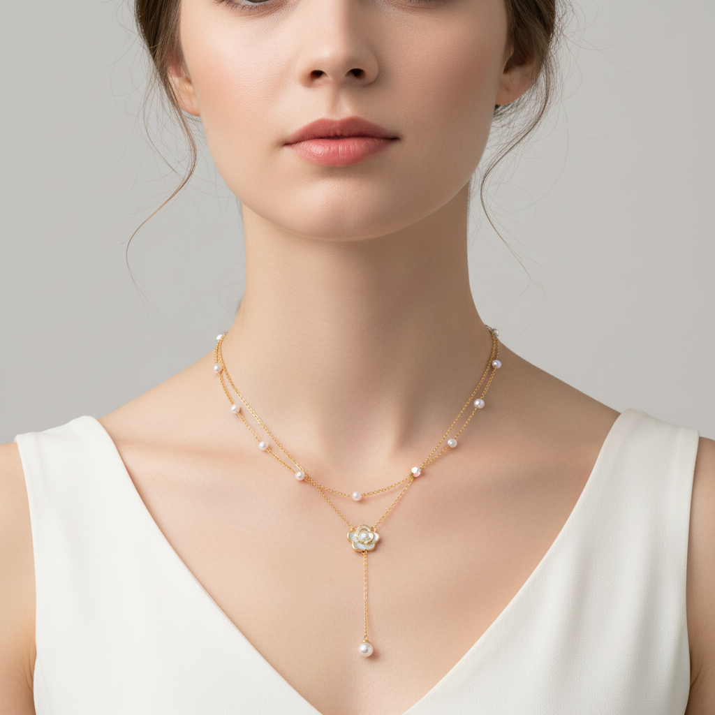 Square format model wearing layered vintage necklace