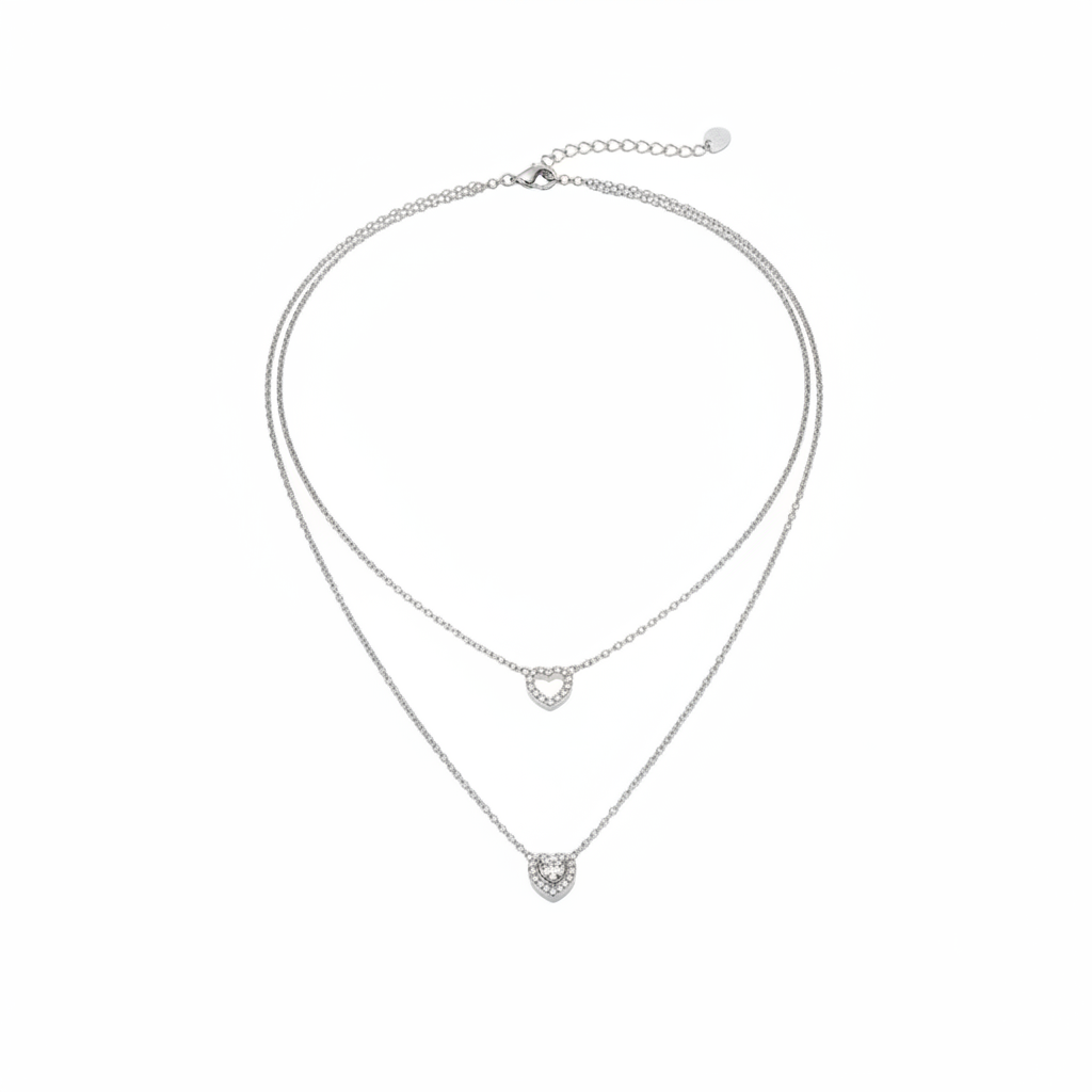 Layered Zircon Stone Heart Pendant Necklace (SILVER)