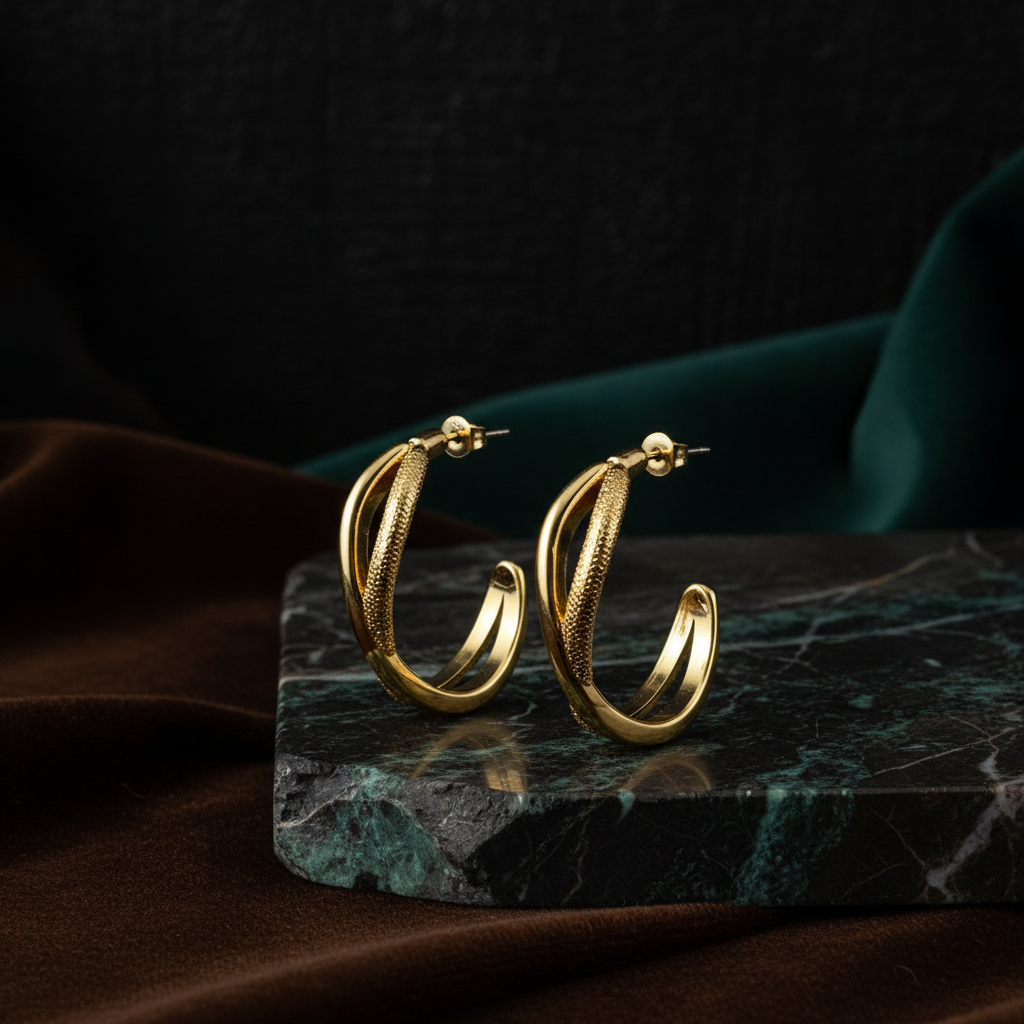 Textured gold hoops dark showcase 2