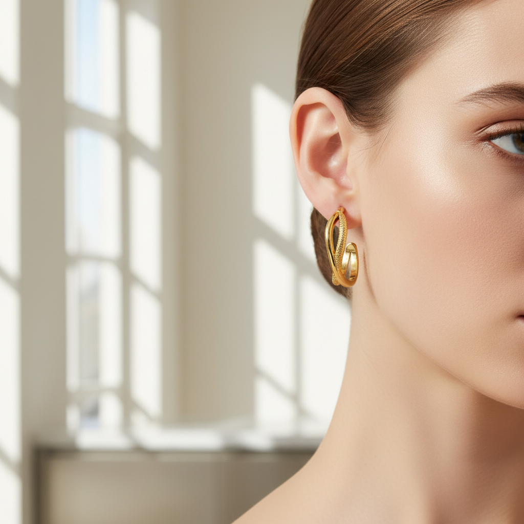 Textured gold hoops indoor model shot