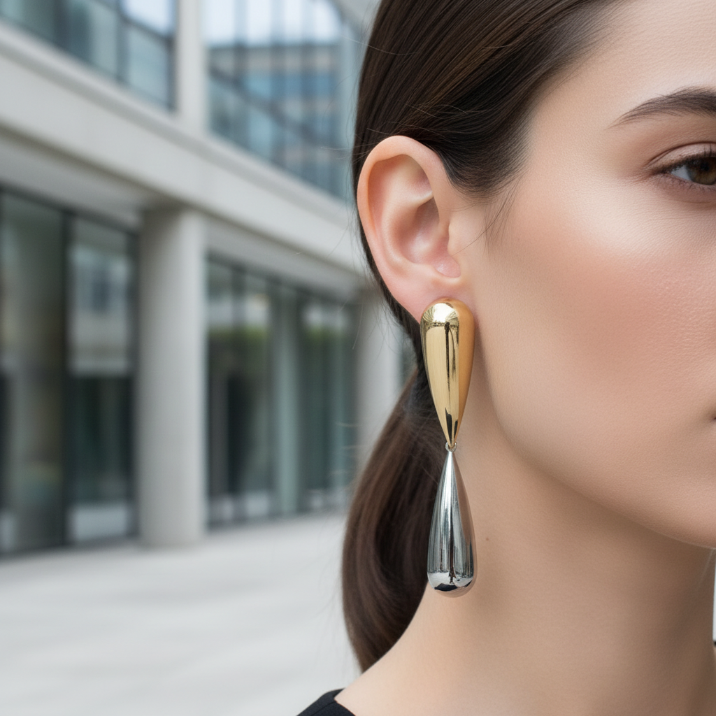 Two-tone drop earrings outdoor model shot - correct size