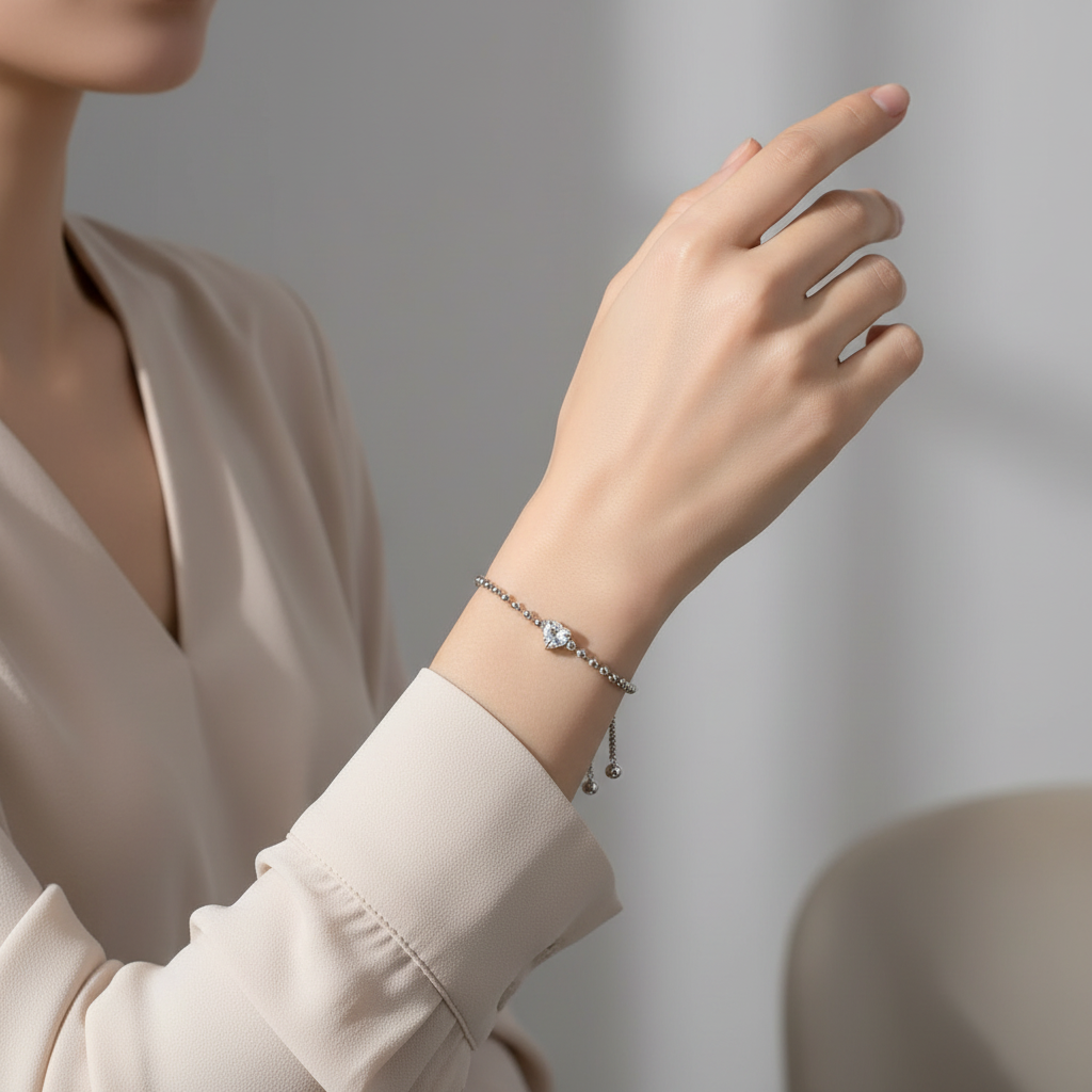 Upper body shot focused on bracelet