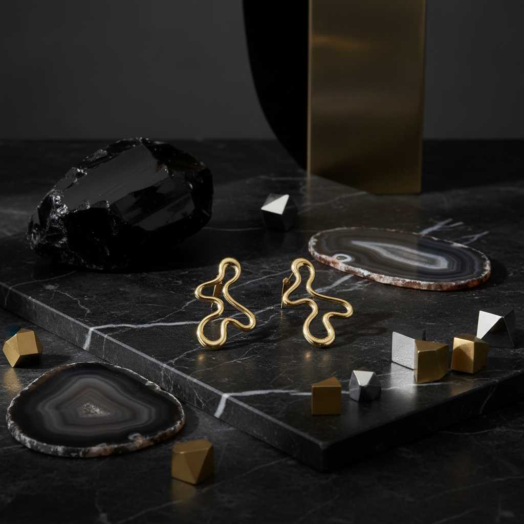 Wavy gold earrings dark showcase 2
