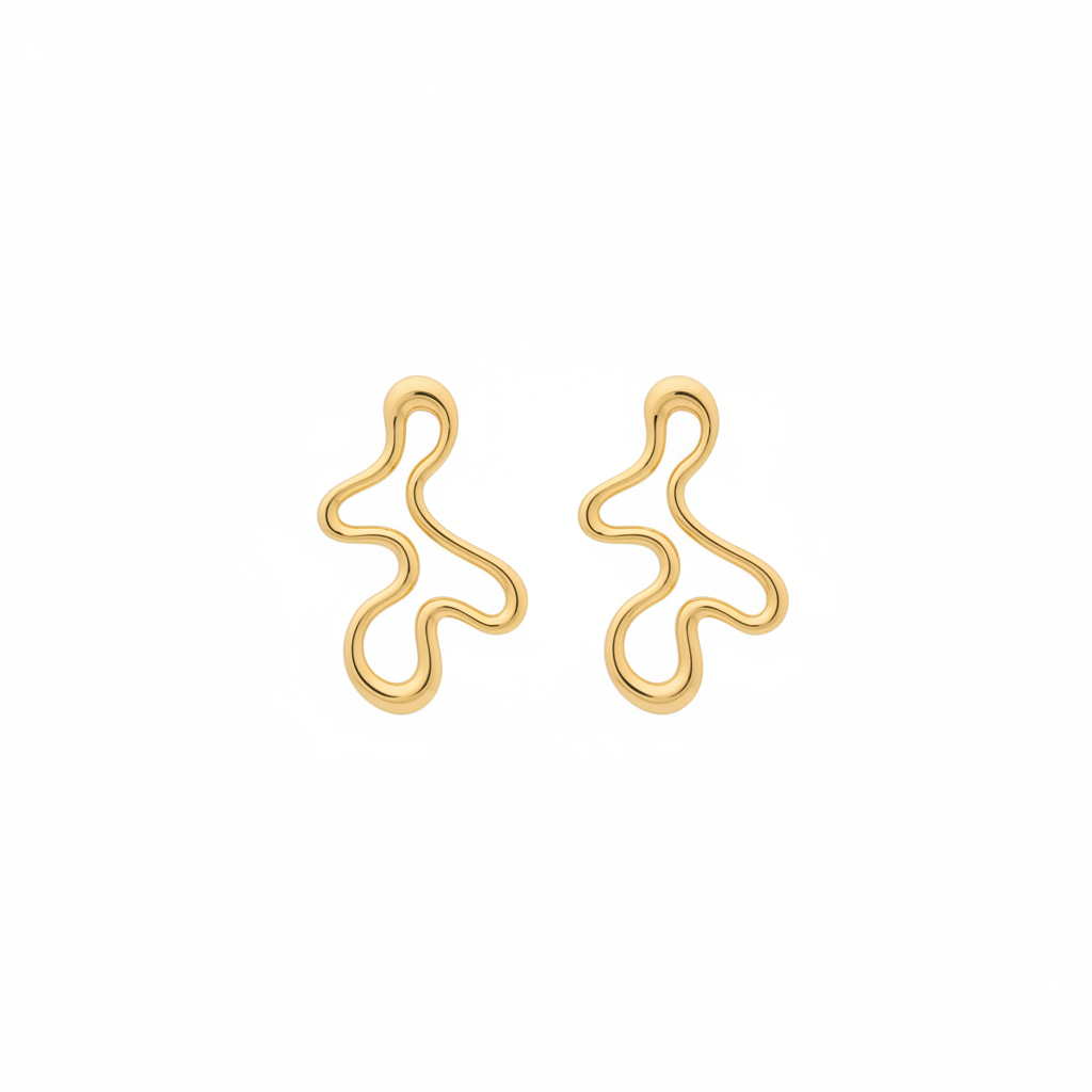 Wavy gold earrings on white background